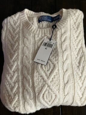 NWT Polo Ralph Lauren Cream Aran Knit Alpaca Wool Sweater XL